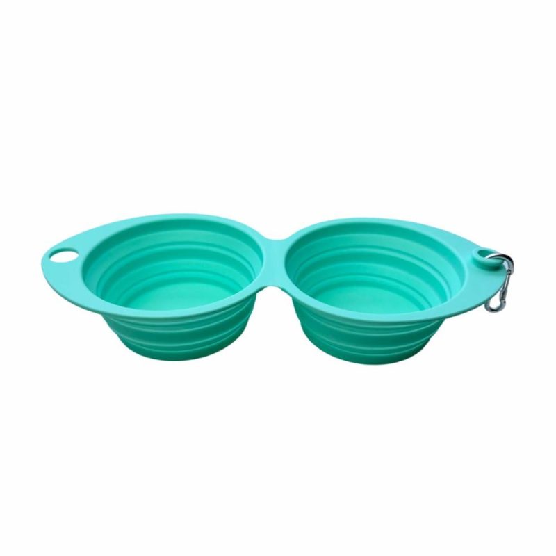 Travel Accessories | Collapsible Portable Silicone Travel Double Dog Bowl – Azure