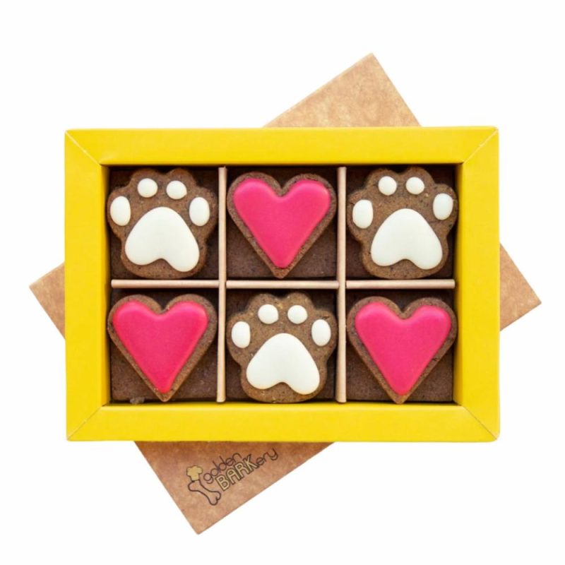 Treats | Golden Barkery Paw & Heart Pup Biscuit Dog Treats – 12 Dog Biscuits Box Pink